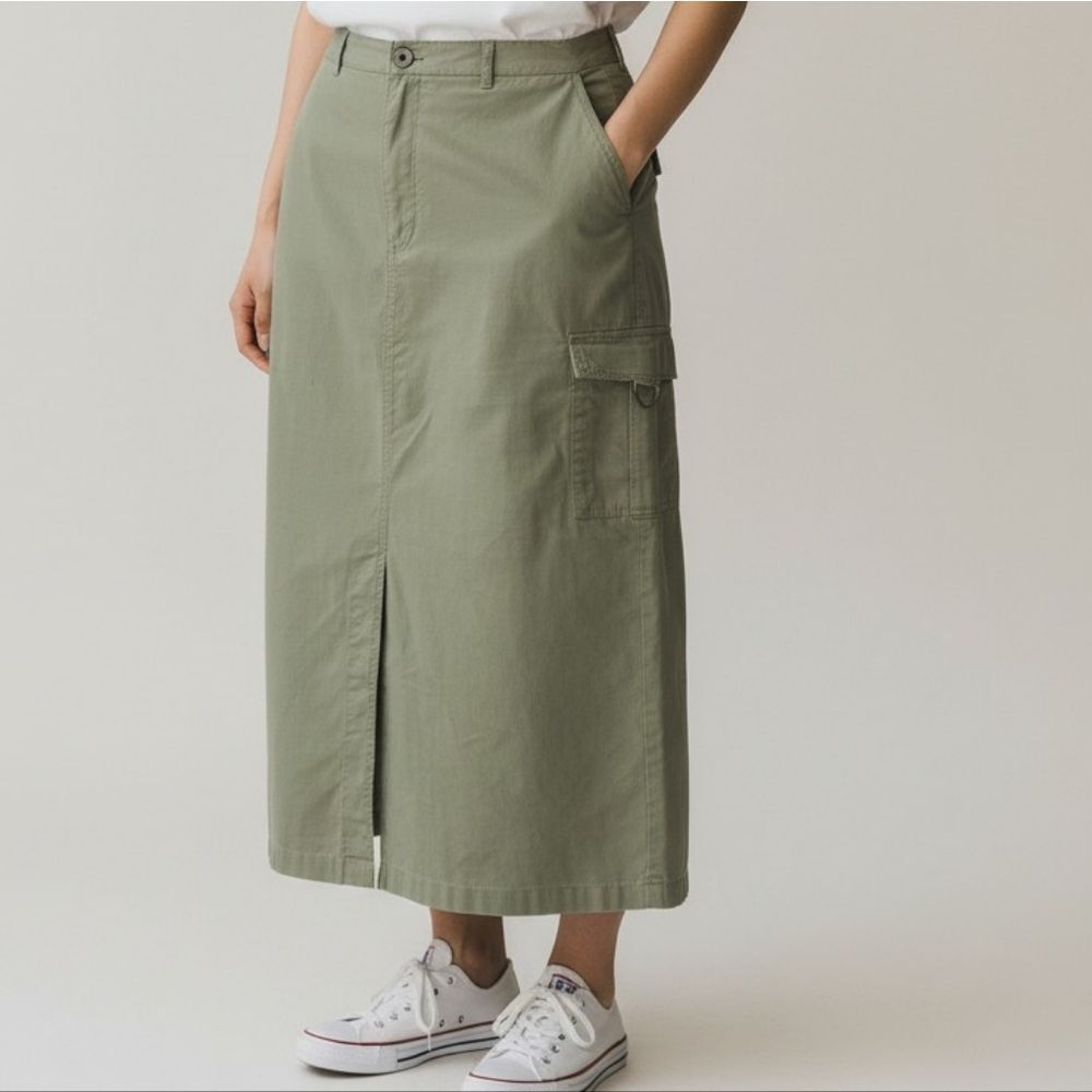 Sage Green Casual Cotton Canvas Cargo Skirt